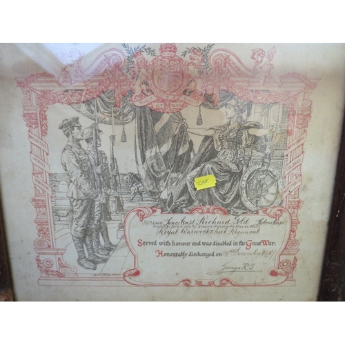 337 - A WWI HONORABLY DISCHARGED CERTIFICATE, NAMED TO 353044 LANCE CORP. RICHARD GOLD, Royal Warwickshire... 