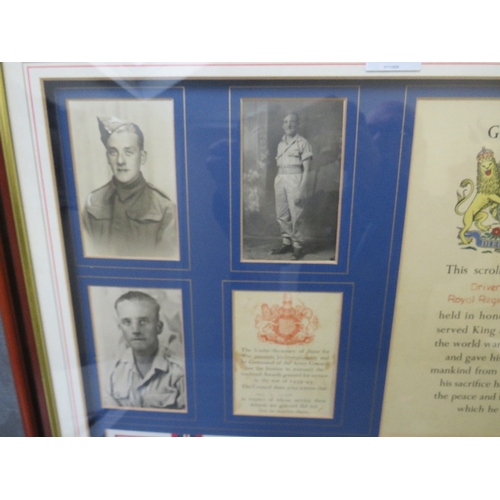 347 - WAR CASUALTY MEDAL GROUP, framed memorial scroll named Driver E. McWatt, Royal Regiment of Artillery... 