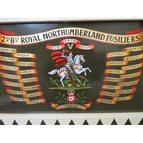 352 - A 2nd BATTALION ROYAL NORTHUMBERLAND FUSILLIERS HAND PAINTED DRUM PANEL, showing battle honours eith... 