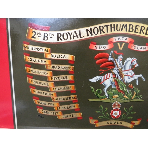 352 - A 2nd BATTALION ROYAL NORTHUMBERLAND FUSILLIERS HAND PAINTED DRUM PANEL, showing battle honours eith... 