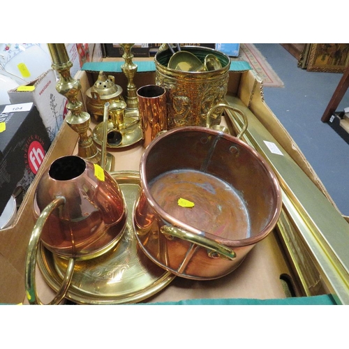 103 - A tray of assorted metal ware to include brass candlesticks