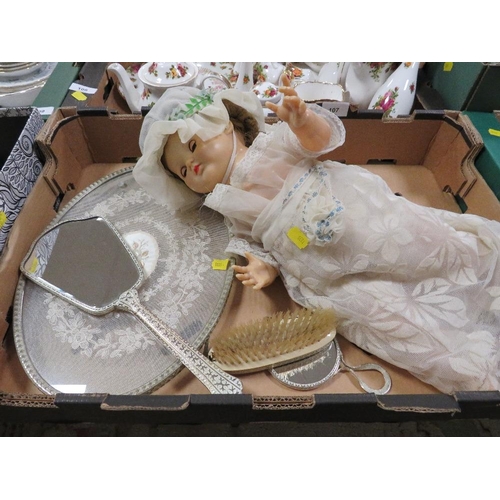 107 - A vintage doll and dressing table items