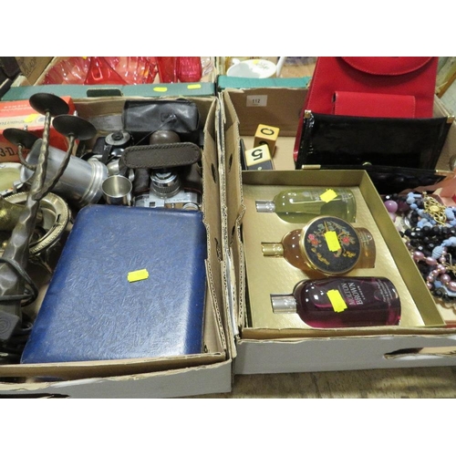 112 - Two trays of collectables to include bags, camera and costume jewellery