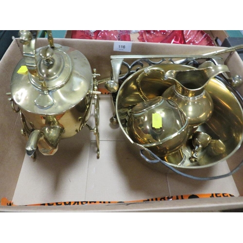 116 - A tray of assorted metal ware to include brass spirit kettle, jam pan etc