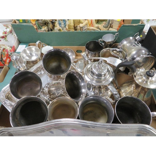 120 - Two trays of assorted silver plated ware to include salvers etc