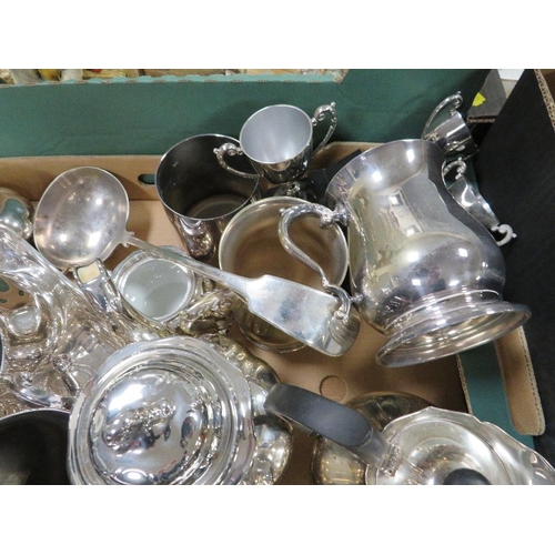 120 - Two trays of assorted silver plated ware to include salvers etc