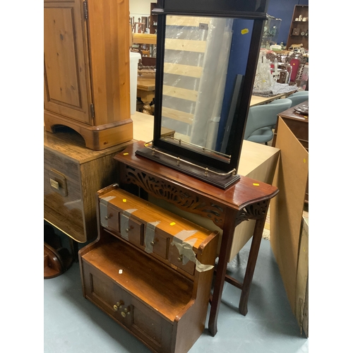 773 - A modern mahogany side table together with a mirror, pine rack pine cabinet, etc