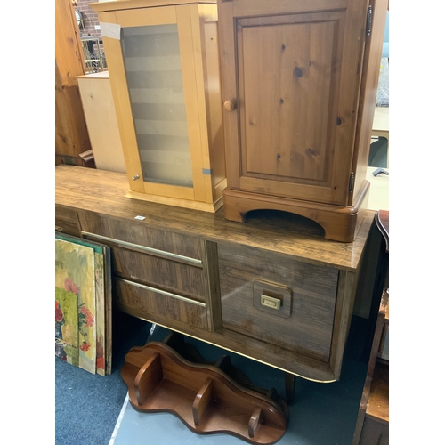 773 - A modern mahogany side table together with a mirror, pine rack pine cabinet, etc