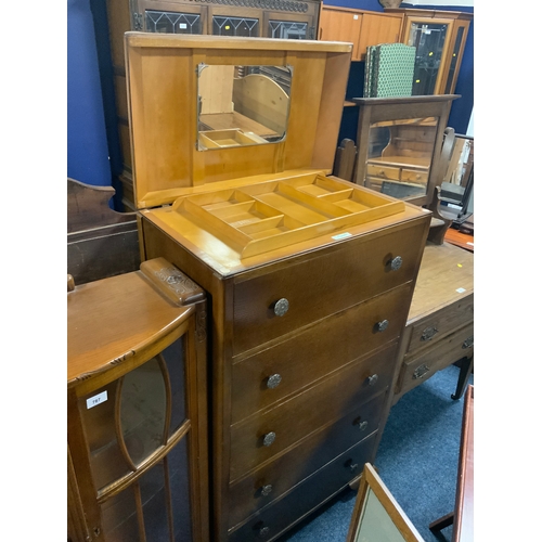 786 - A vintage Chancellor chest of drawers with lift-up lid together with a fire screen, small cabinet an... 