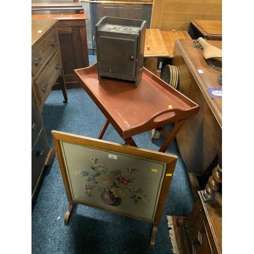 786 - A vintage Chancellor chest of drawers with lift-up lid together with a fire screen, small cabinet an... 