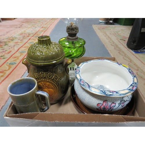 116A - A tray of ceramics to include a West German bowl, a West German Rumtopf, and an oil lamp etc