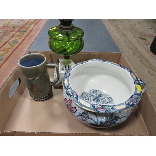 116A - A tray of ceramics to include a West German bowl, a West German Rumtopf, and an oil lamp etc