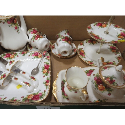 117 - Four trays of Royal Albert Old Country Roses to include tea and coffee pots, cake stand, trio's, var... 