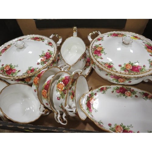 117 - Four trays of Royal Albert Old Country Roses to include tea and coffee pots, cake stand, trio's, var... 