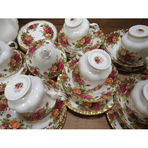 117 - Four trays of Royal Albert Old Country Roses to include tea and coffee pots, cake stand, trio's, var... 