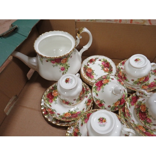 117 - Four trays of Royal Albert Old Country Roses to include tea and coffee pots, cake stand, trio's, var... 