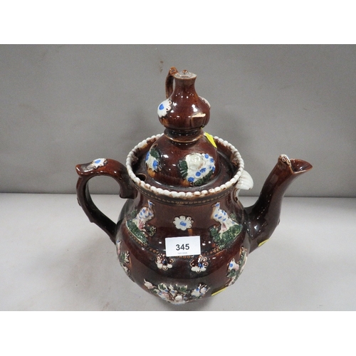 345 - An antique barge ware tea pot A/F