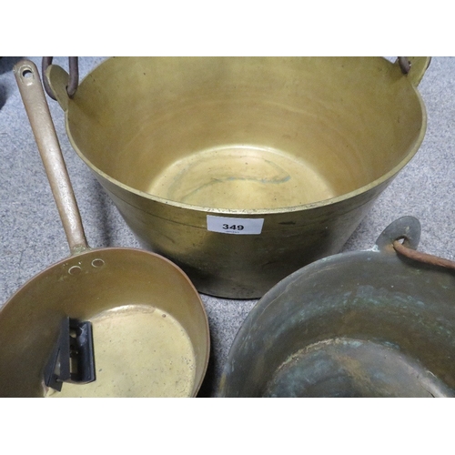 349 - A collection of brass jam pans etc