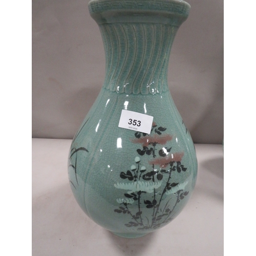 353 - A genuine Korean celadon tall vase - hand painted, crackle glaze, H 34 cm