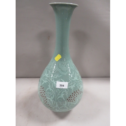 354 - A genuine Korean celadon tall vase - hand painted, crackle glaze, H 40 cm