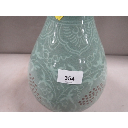 354 - A genuine Korean celadon tall vase - hand painted, crackle glaze, H 40 cm