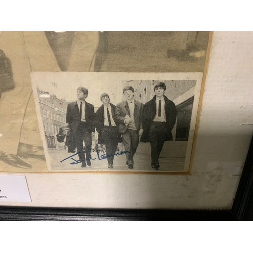 4 - A framed Beatles picture together with a small Beatles card, bearing facsimile John Lennon signature