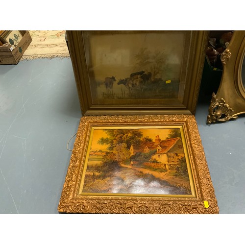 29 - A Victorian gilt framed portrait overpainted print together with another print cattle watering cotta... 