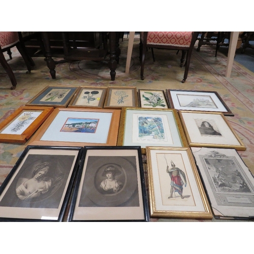 45 - A collection of 14 framed watercolours, engravings, drawings and prints by various artists