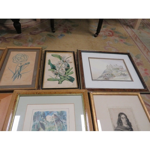 45 - A collection of 14 framed watercolours, engravings, drawings and prints by various artists