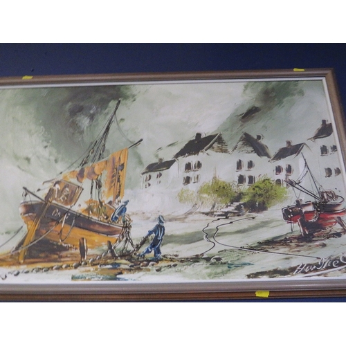 47 - Three modern oil on boards of naive fishing scenes, signed Hawkes