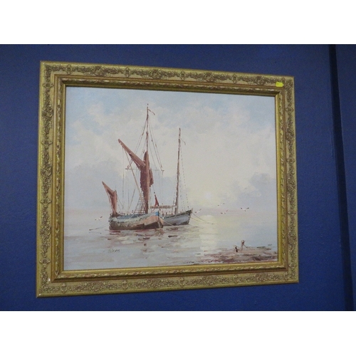 48 - A gilt framed oil on board of sailing boats, signed lower left Alexis?