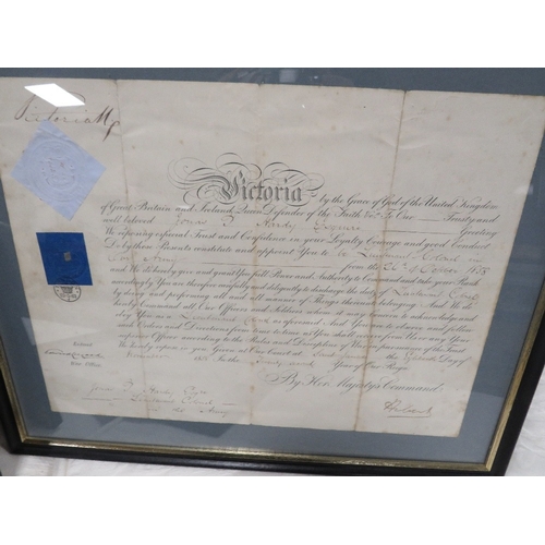 51 - Three framed and glazed signed documents, stamped War Office, Queen Victoria and William IV