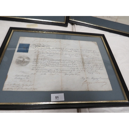 51 - Three framed and glazed signed documents, stamped War Office, Queen Victoria and William IV