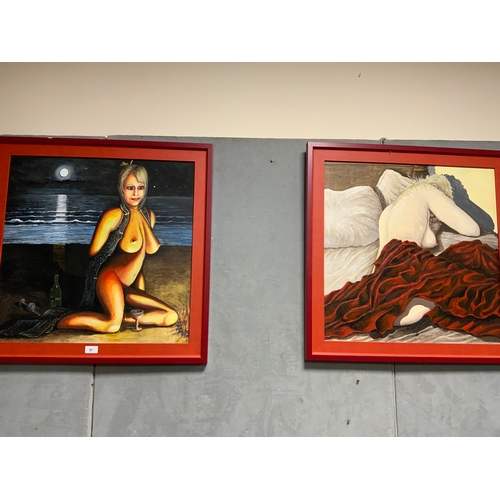 21 - A pair of oil on canvas paintings depicting naked females 60 x 60 cm. (2)