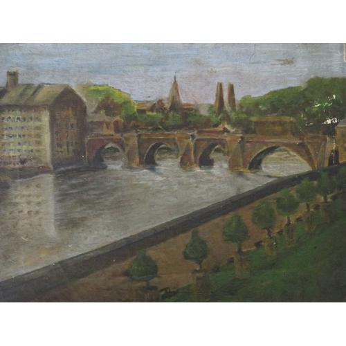 15 - Two oils on canvas - 19th century continental river scene with buildings, boats and figures A/F toge... 