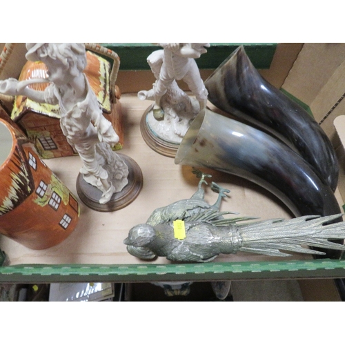 159 - Two trays of ceramics and collectables to include a pair of table pheasants