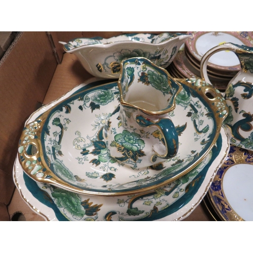 160 - A tray of ceramics to include Noritake and Masons Chartreuse