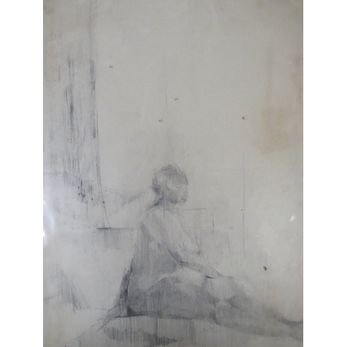 17 - A pencil drawing signed female nude study, together with a mixed media on paper impressionist interi... 