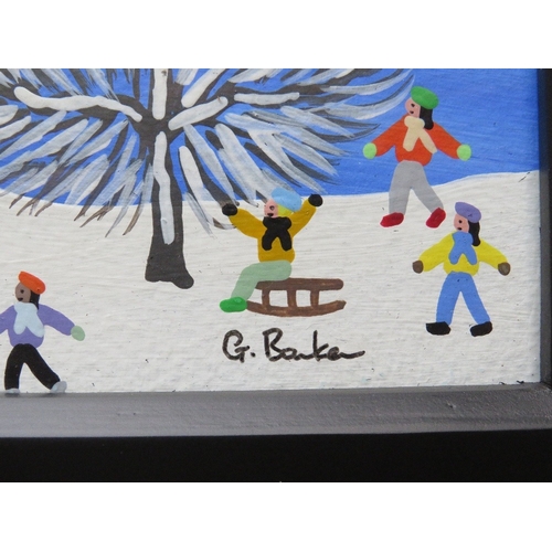 3 - (XXI) GORDON BARKER - A MODERN FRAMED AND GLAZED PAINTING 'Fun In The Midnight Snow' 40 x 39.5 cm