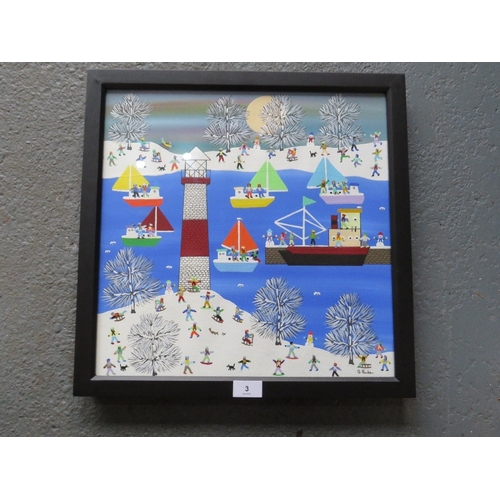 3 - (XXI) GORDON BARKER - A MODERN FRAMED AND GLAZED PAINTING 'Fun In The Midnight Snow' 40 x 39.5 cm