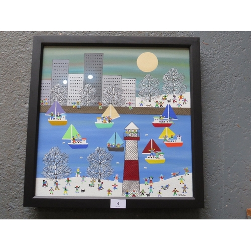 4 - (XXI) GORDON BARKER - A MODERN FRAMED AND GLAZED PAINTING 'Moonlight City' 40 x 39.5 cm