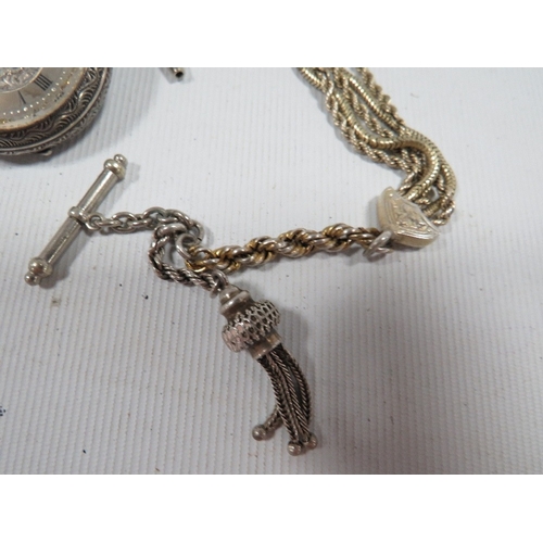 334 - A Victorian ladies silver pocket and albertina watch chain