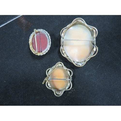 384 - Three brooches comprising one silver gilt and two yellow metal cameo brooches