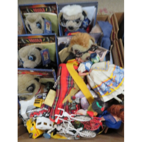 107 - Two trays of meerkat toys to include toy cars etc