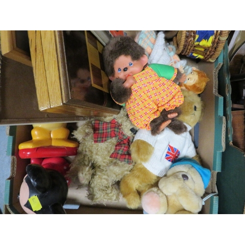 113 - Two trays of collectables to include folding chess set, teddy bears etc