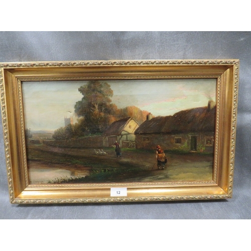 12 - W. Simpson, an oil on canvas of a village scene with farm buildings, two women herding geese, trees ... 