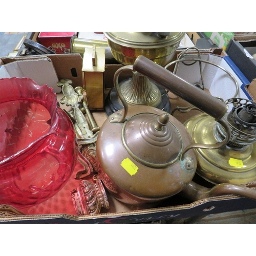 124 - Two trays of assorted metal ware etc to include a meat jack