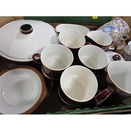 133 - Three trays of tea and dinnerware to include Harlequin cups and saucers, Poole etc