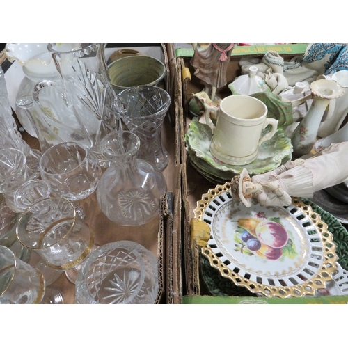 134 - A tray of assorted ceramics together with a tray of glassware (2)