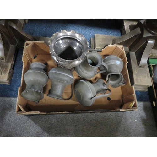 153 - Four trays of assorted pewter and metal ware